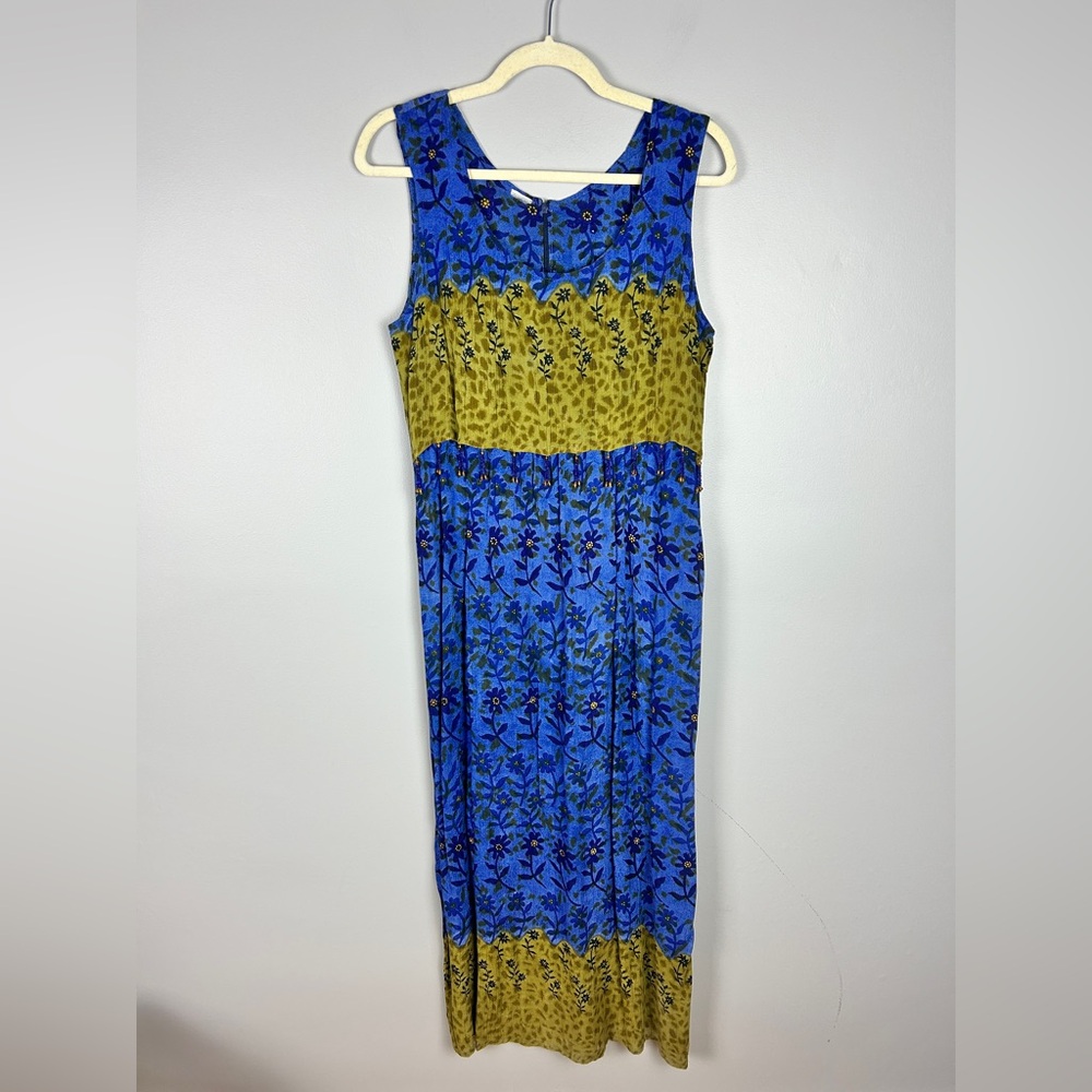 VINTAGE 90s‎ Y2K Maxi Beach Dress Sz Medium Abstract Floral Beaded Boho Hippie